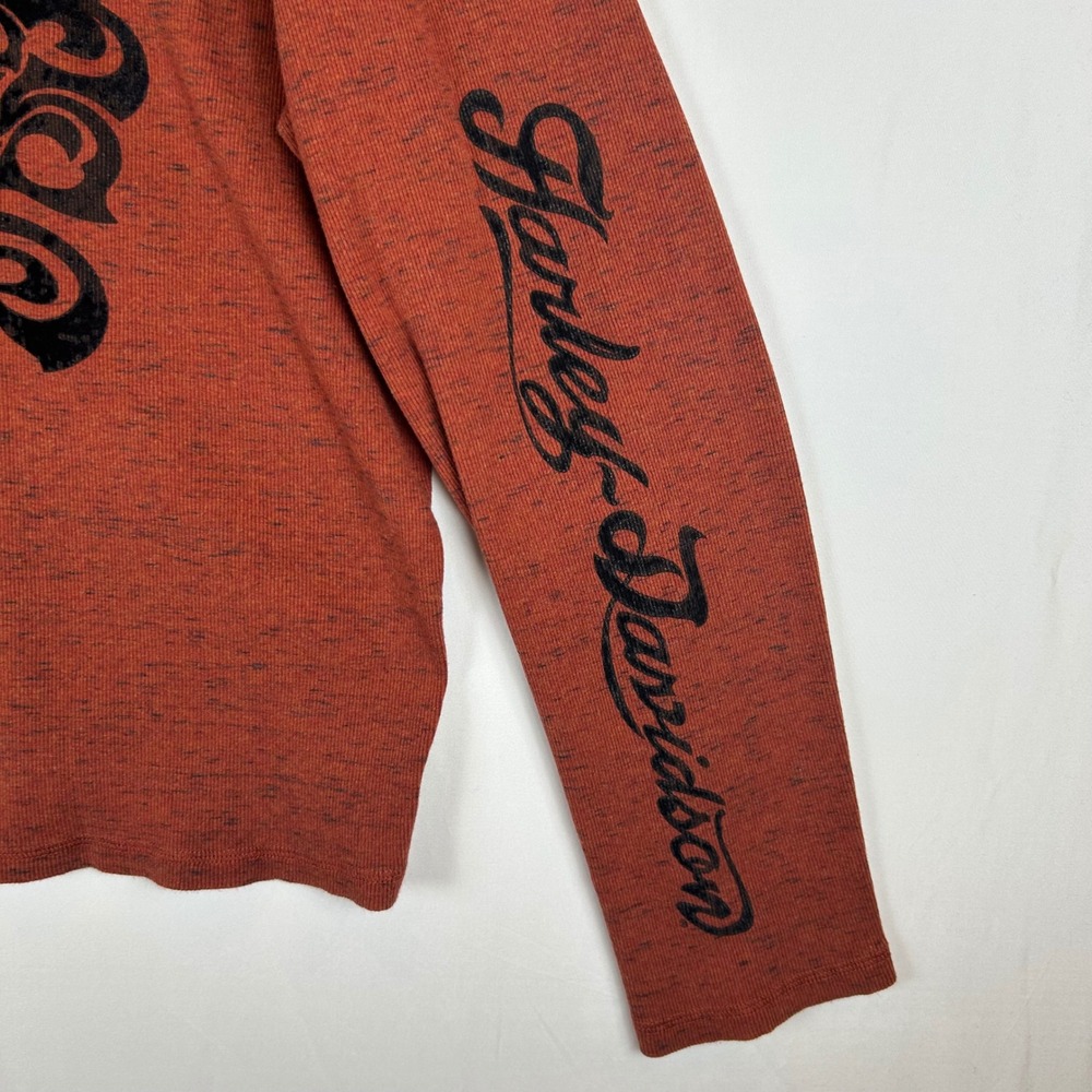 Harley-Davidson Womens 3W Rust Orange Space Dye Hooded Henley Flocked Top 2014 - Picture 11 of 12